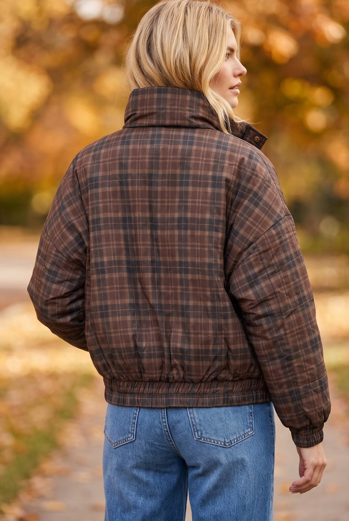 Plaid Snap front Mock Neck Puffer Jacket