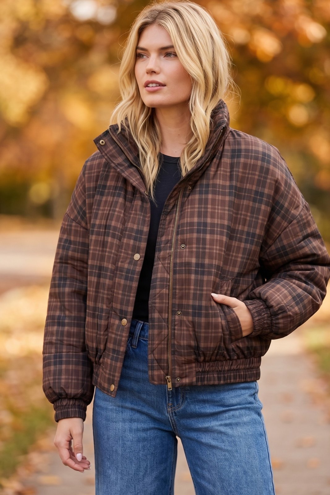 Plaid Snap front Mock Neck Puffer Jacket