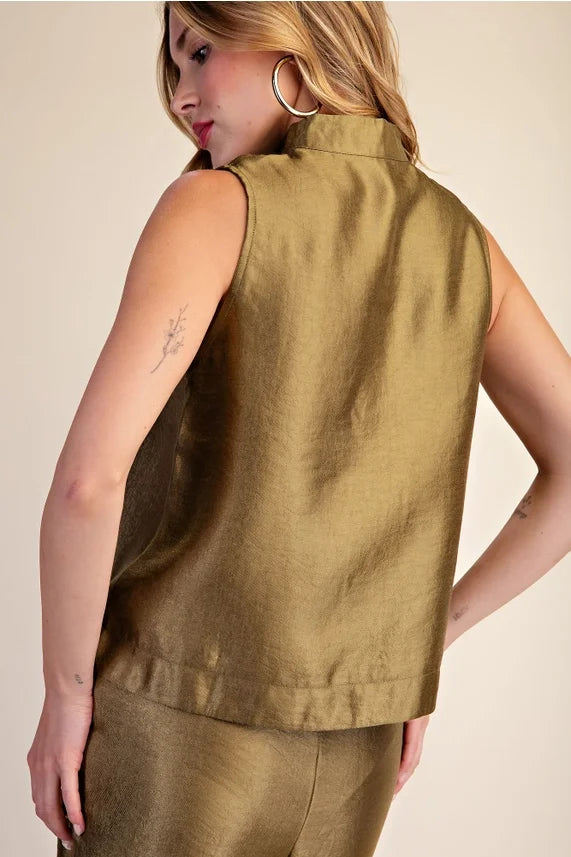 Stand Collar V Neck Satin Sleeveless Top