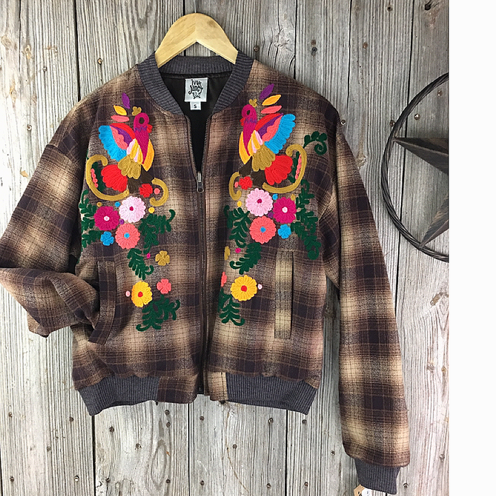 Ladies Zip Front Bomber Jacket with Colorful Embroidery from Ivy Jane