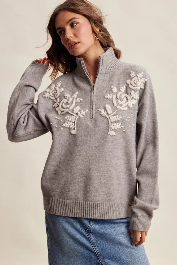 Floral Embroidered 1/4 Zip Sweater
