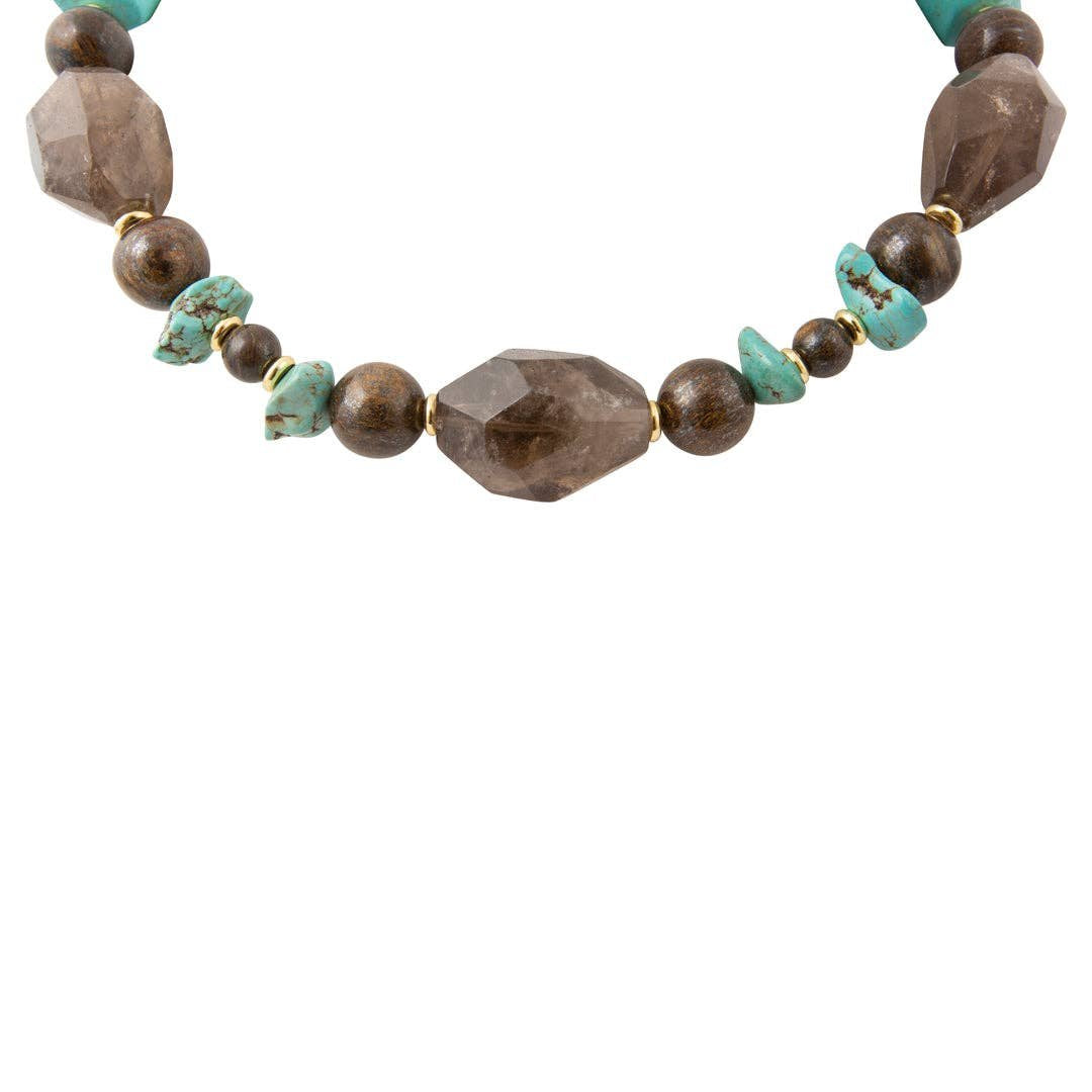 Earthbound Blue Turquoise Brown Smoky Quartz Golden Statement Necklace from Barse