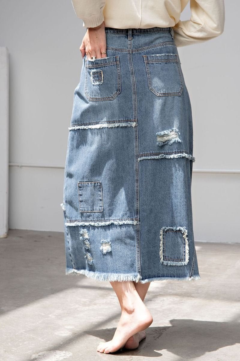 Denim Patchwork Skirt - High Call Outfitters