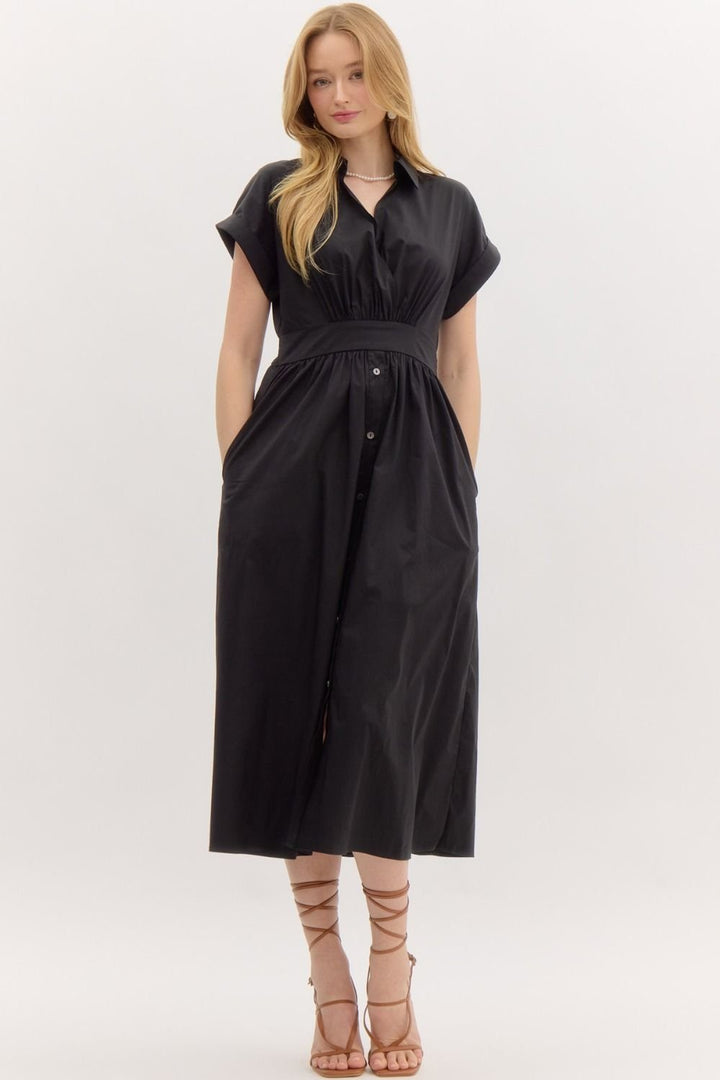 Solid Rolled Sleeve Midi Dress