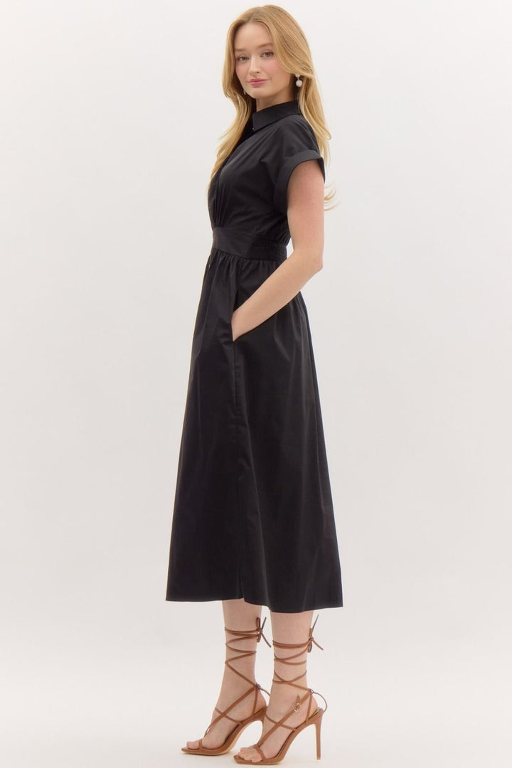 Solid Rolled Sleeve Midi Dress