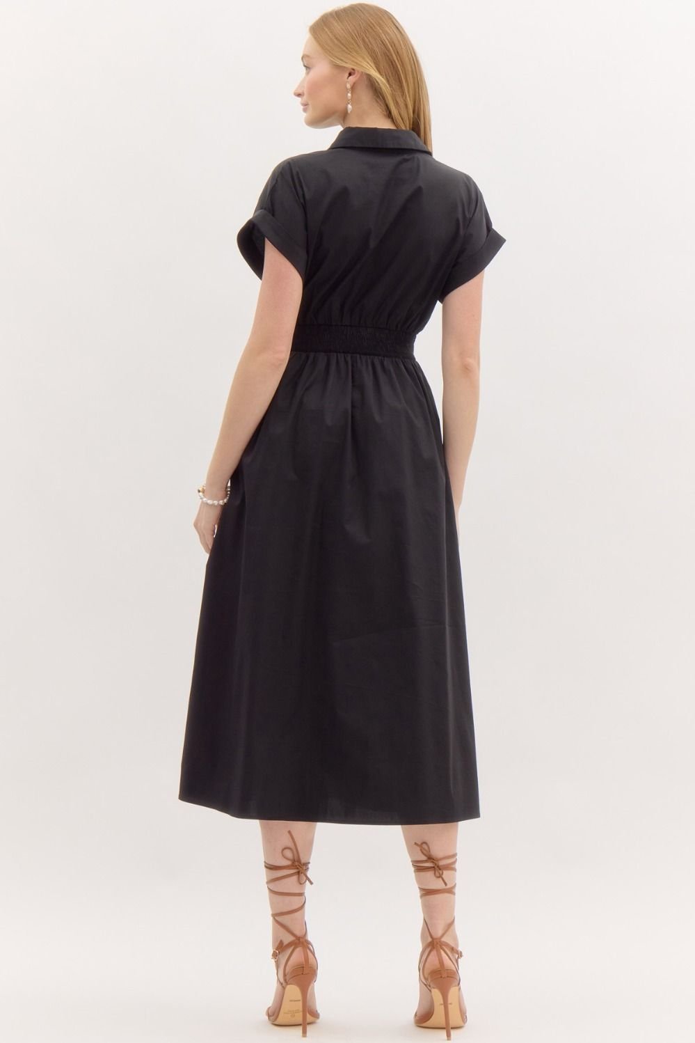 Solid Rolled Sleeve Midi Dress