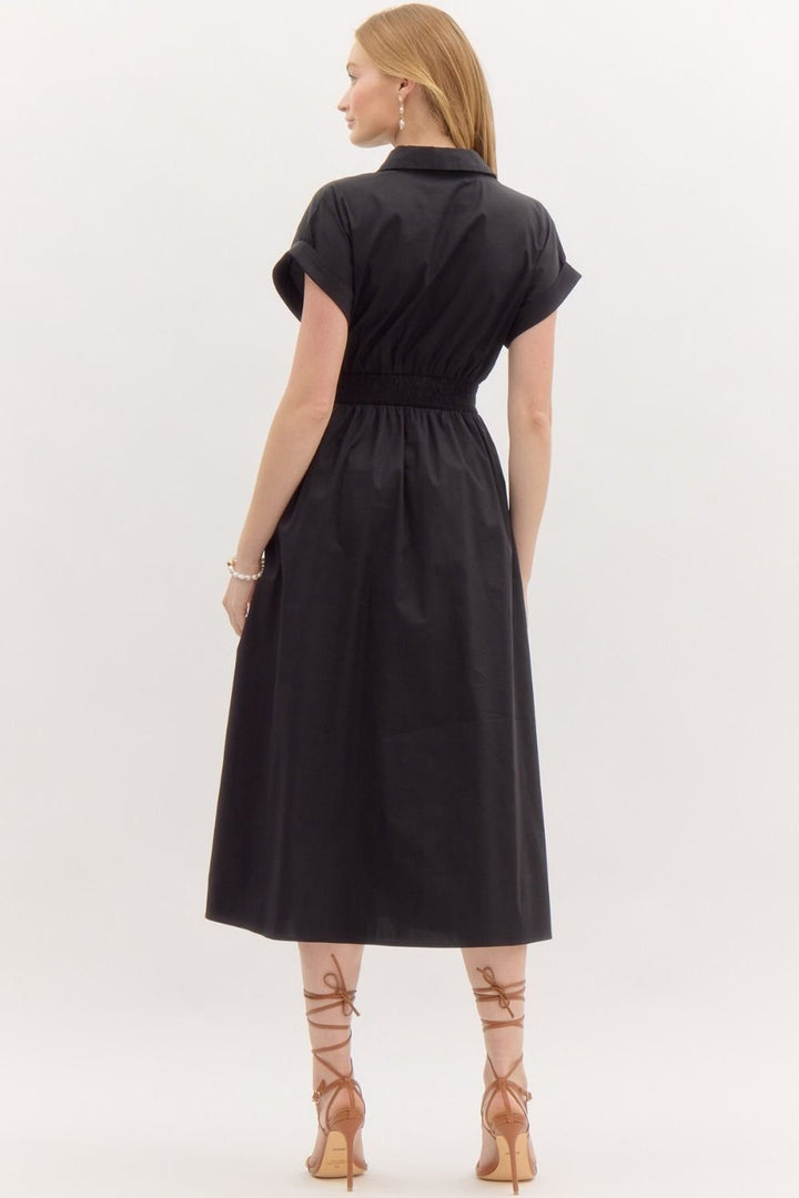 Solid Rolled Sleeve Midi Dress
