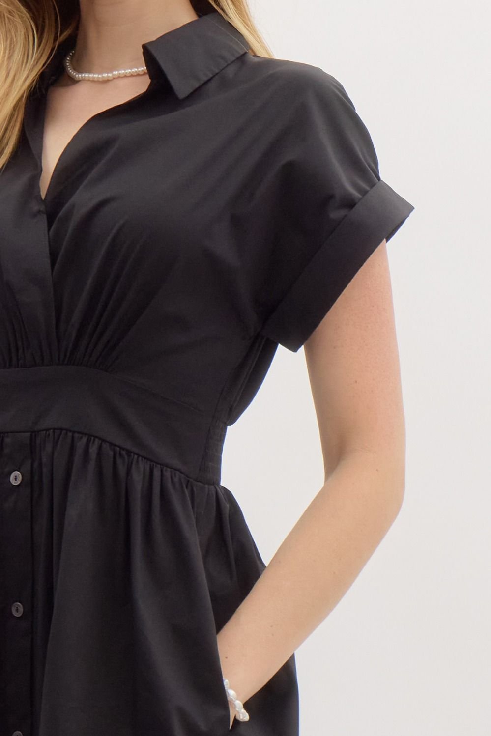 Solid Rolled Sleeve Midi Dress