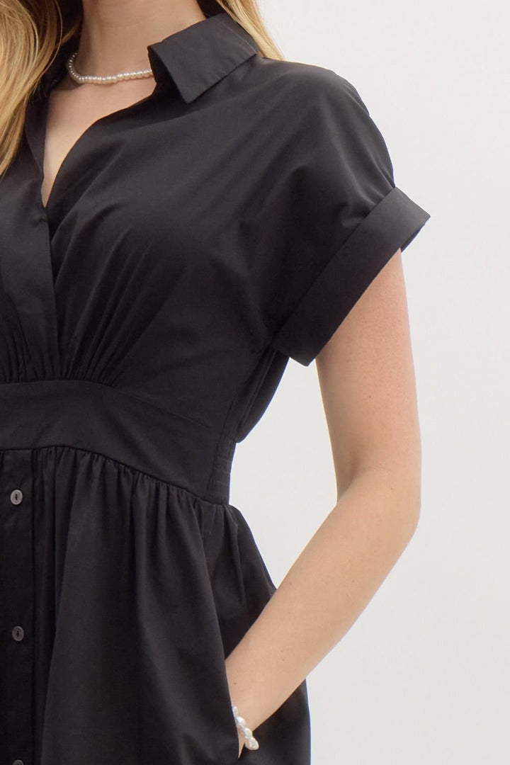 Solid Rolled Sleeve Midi Dress