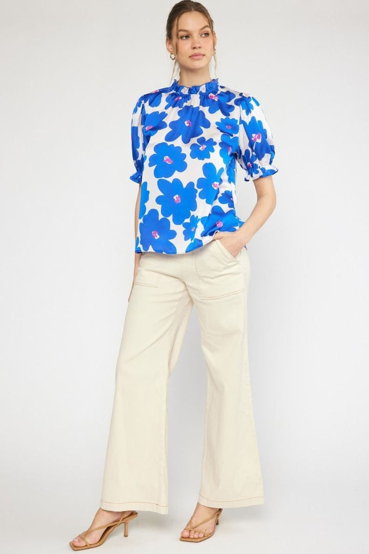 Ruffle Neck Printed Top - High Call Outfitters