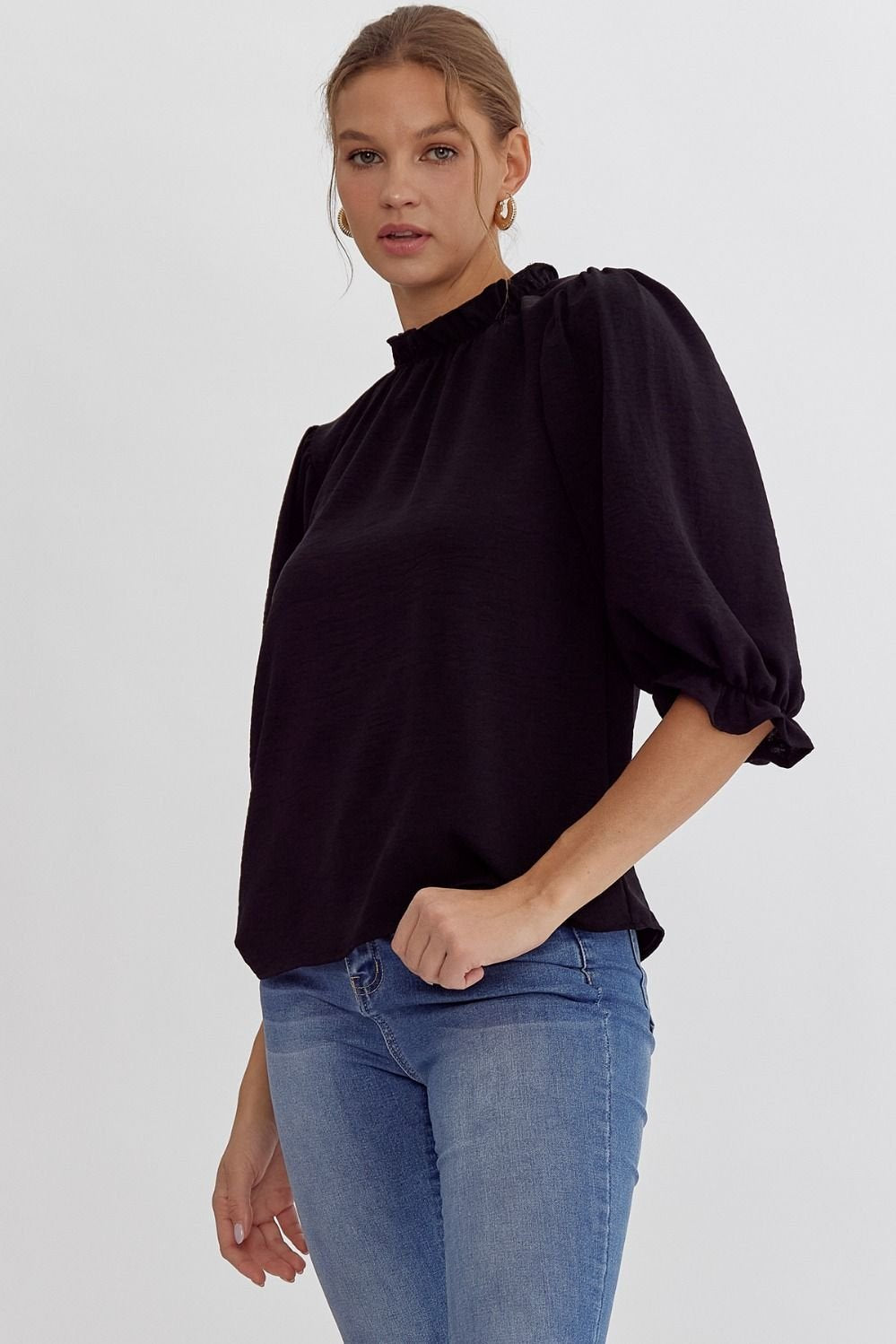 Solid Ruffle Neckline Top – High Call Outfitters