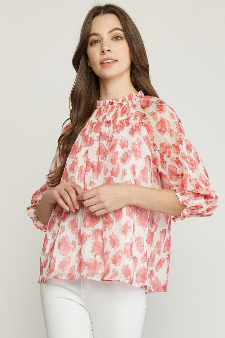 Ruffle Neck 3/4 Sleeve Printed Top