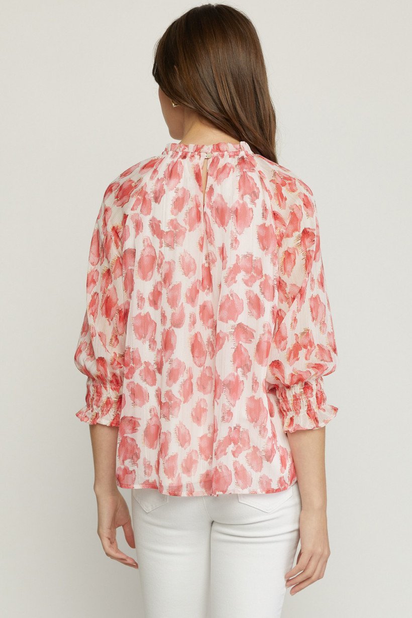 Ruffle Neck 3/4 Sleeve Printed Top - High Call Outfitters