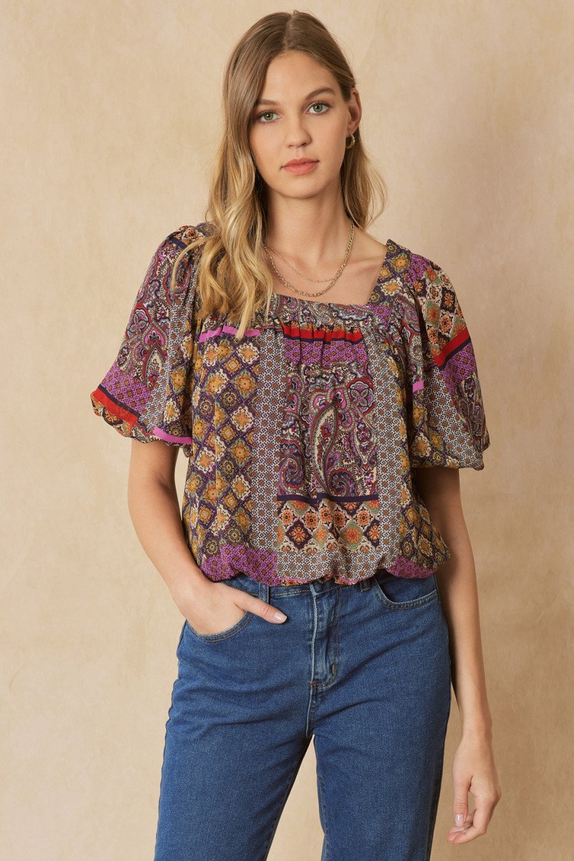 Mixed Print Square Neck Top