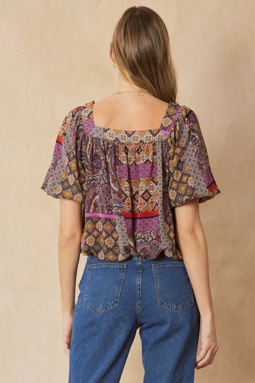 Mixed Print Square Neck Top - High Call Outfitters