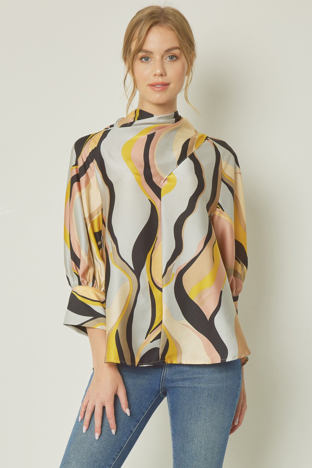 Mock Neck Satin Print Top