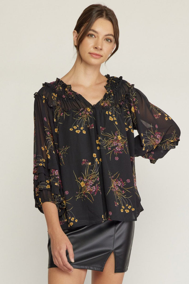 Pleated Open Neckline Floral Blouse