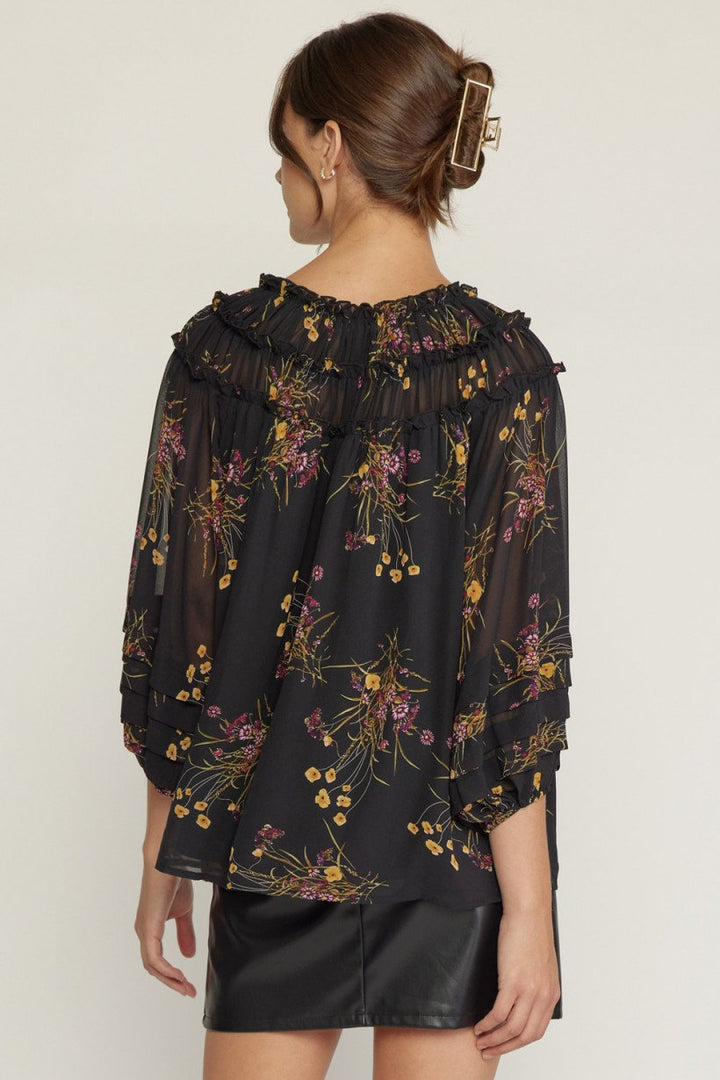 Pleated Open Neckline Floral Blouse
