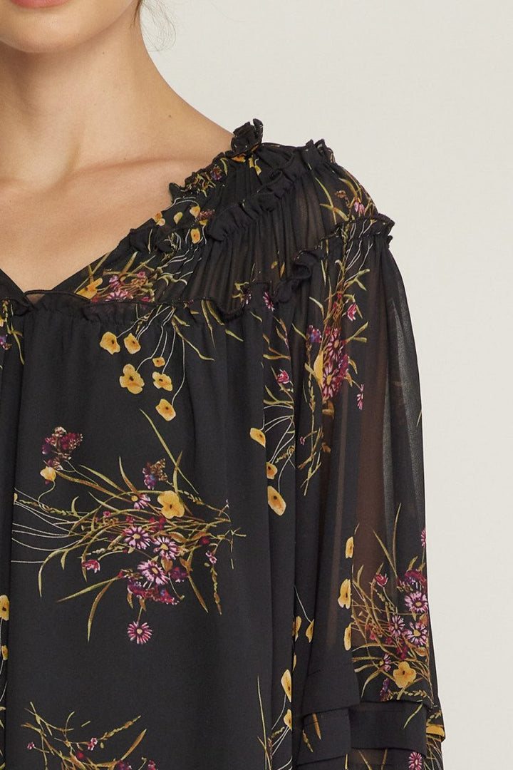 Pleated Open Neckline Floral Blouse