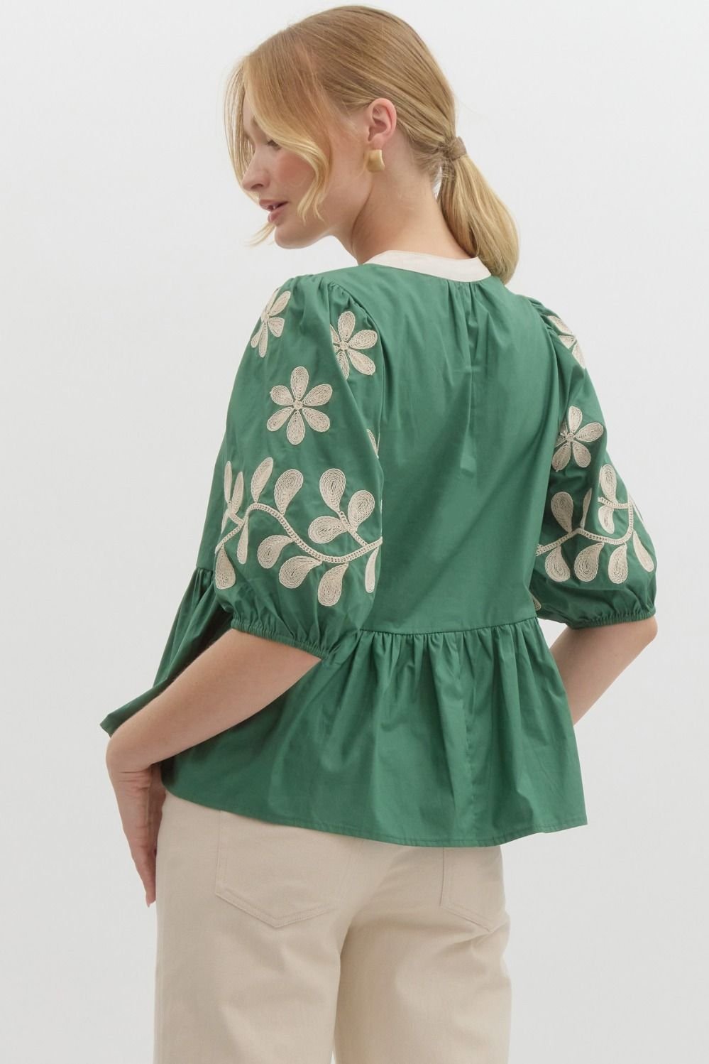 Embroidered Sleeve Peplum Top