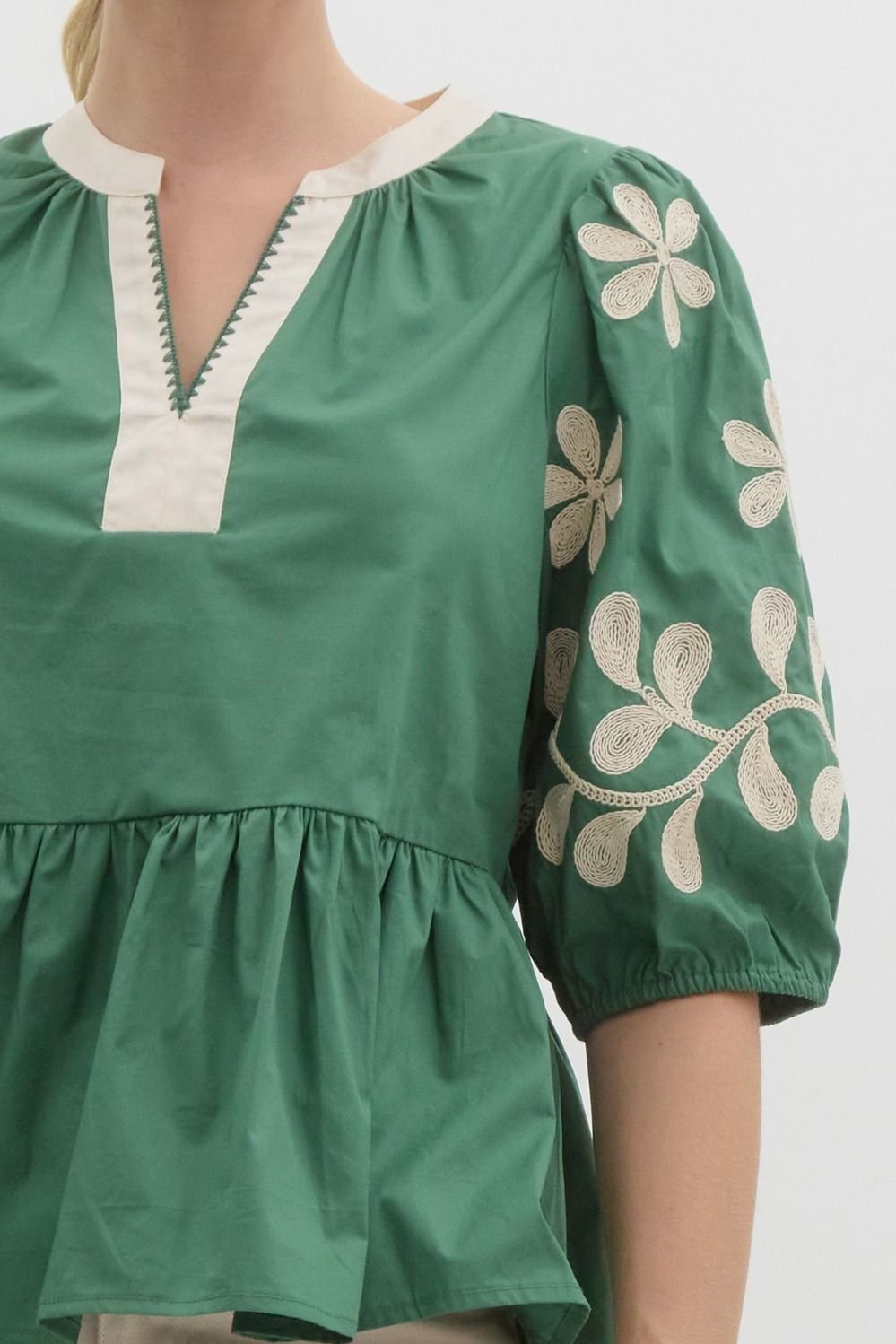 Embroidered Sleeve Peplum Top