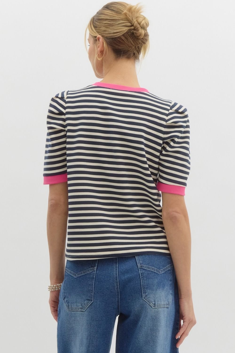 Pleated Sleeve Stripe Knit Top - High Call Outfitters