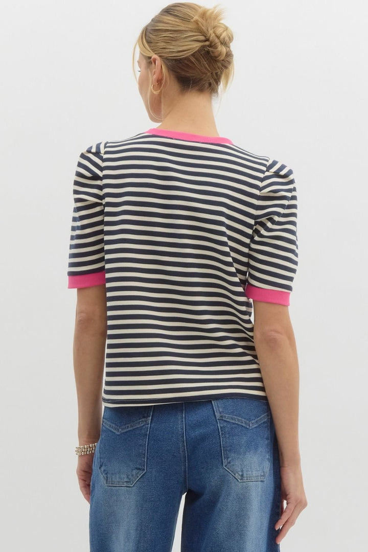 Pleated Sleeve Stripe Knit Top