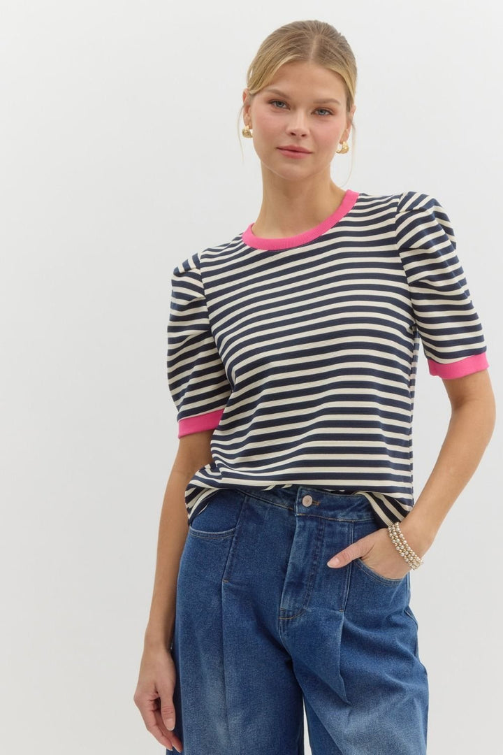 Pleated Sleeve Stripe Knit Top