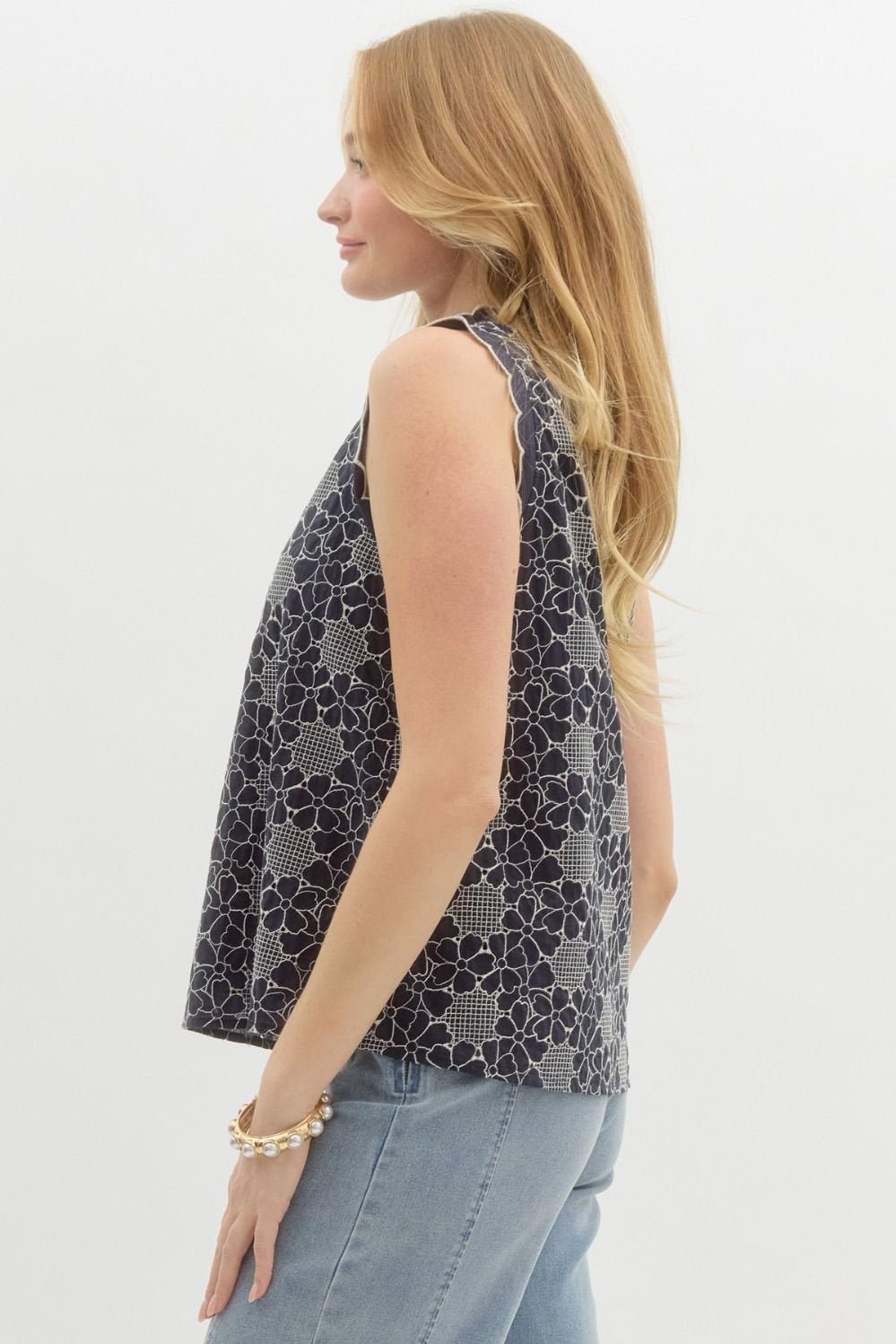Allover Floral Embroidered Sleeveless Top - High Call Outfitters