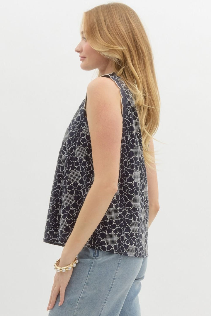 Allover Floral Embroidered Sleeveless Top