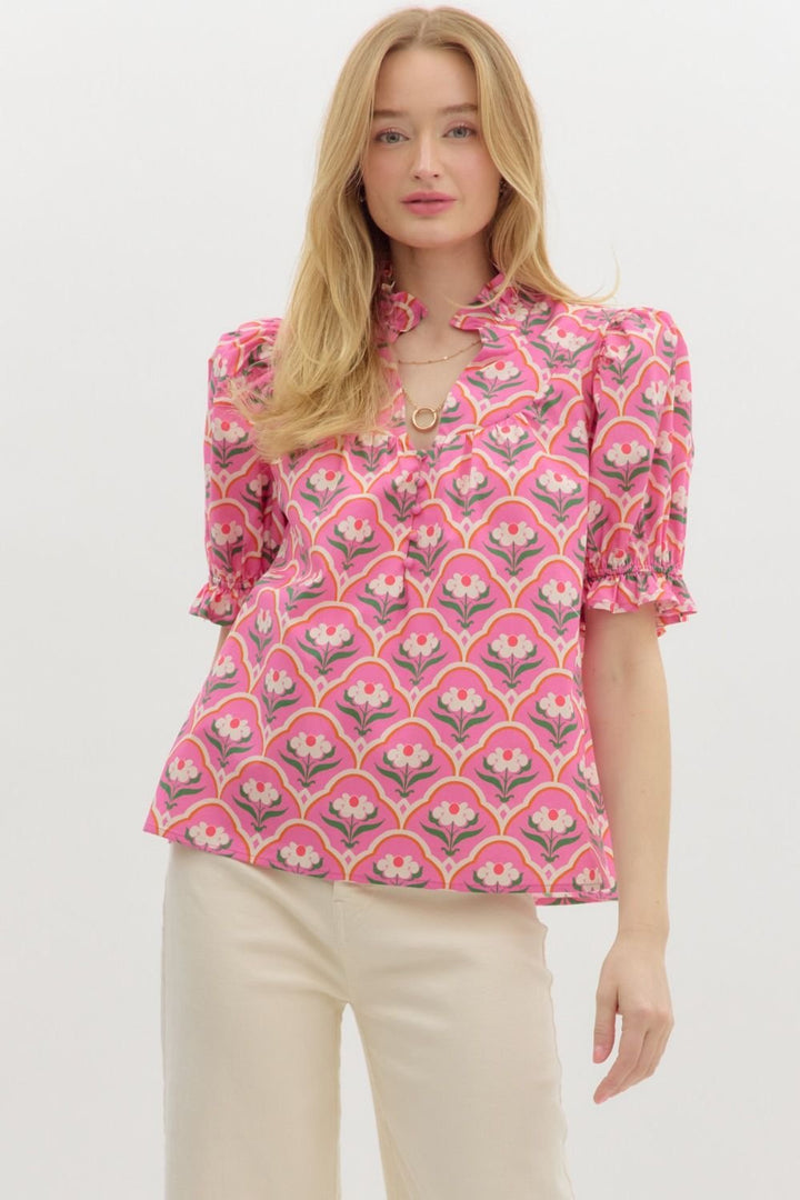 All Over Print Top with Puff Sleeve