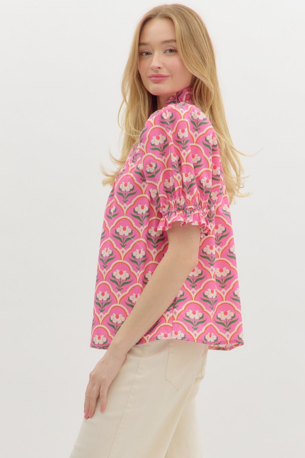All Over Print Top with Puff Sleeve