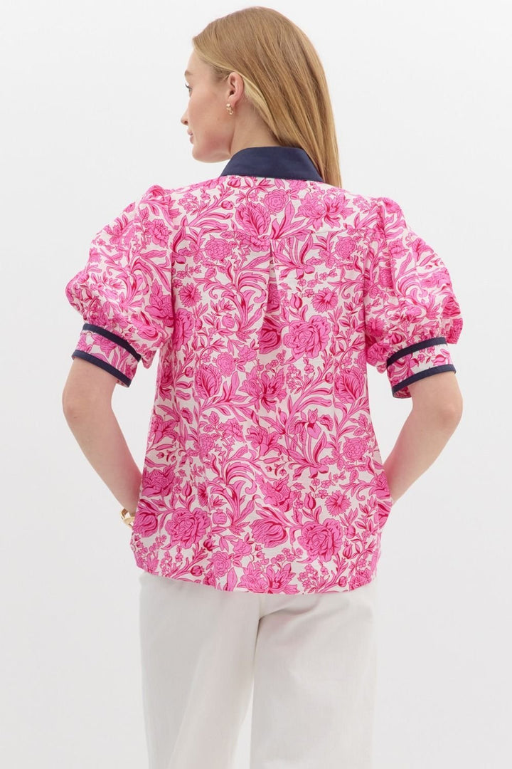 Contrast Collar Print Top - High Call Outfitters