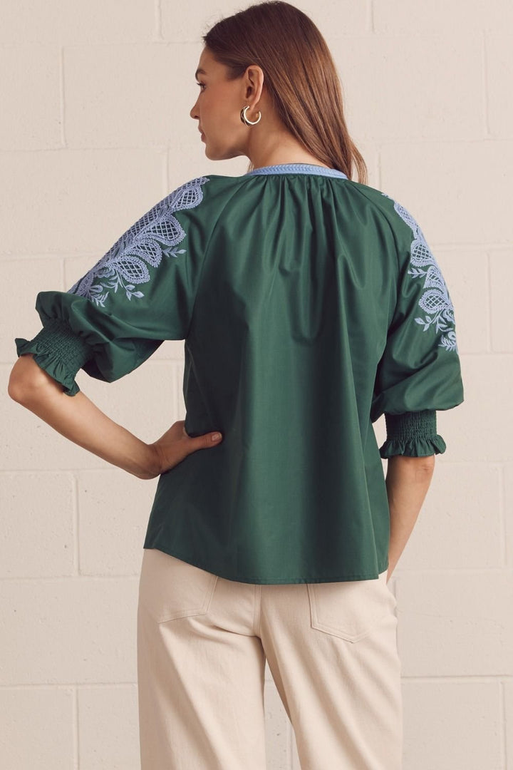 Contrast Binding Embroidered Top - High Call Outfitters