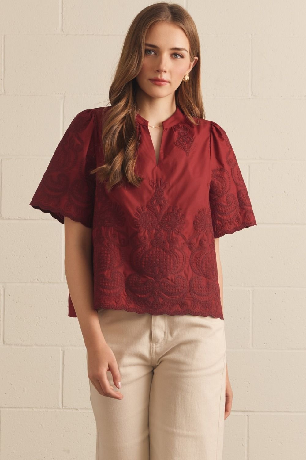 Embroidered Puff Sleeve Top - High Call Outfitters