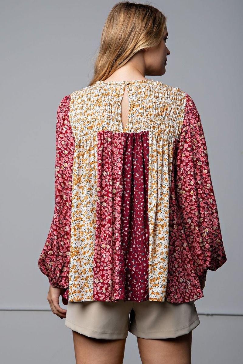 Smocked Yoke Mixed Print Top
