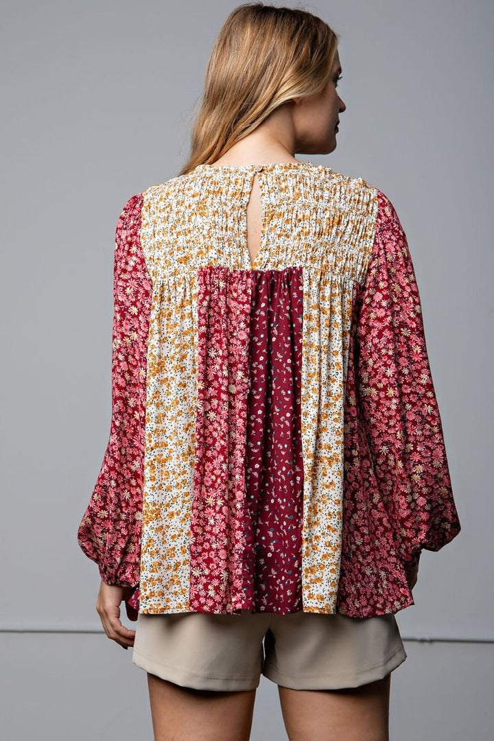 Smocked Yoke Mixed Print Top