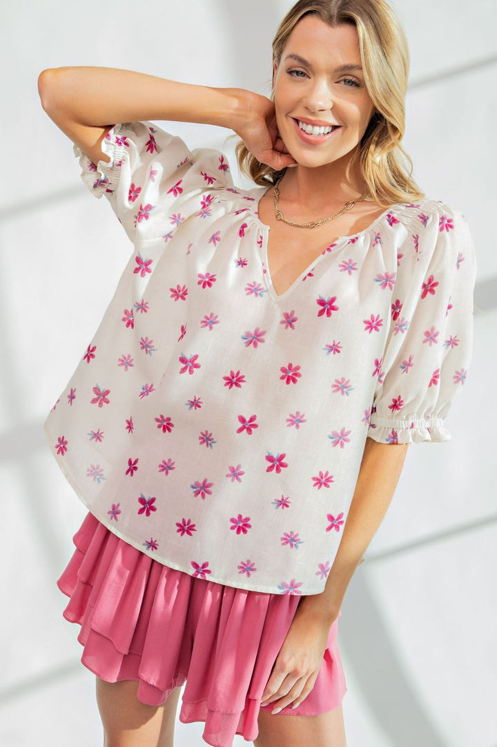 Bubble Sleeve Flower Top - High Call Outfitters