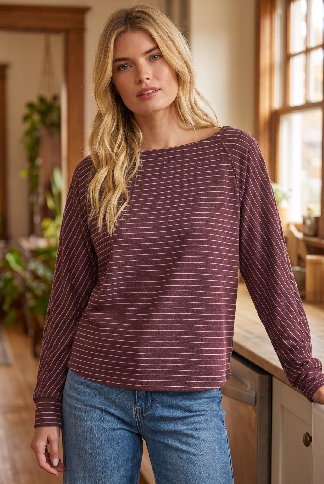 Boat Neck Long Sleeve Stripe Top - High Call Outfitters