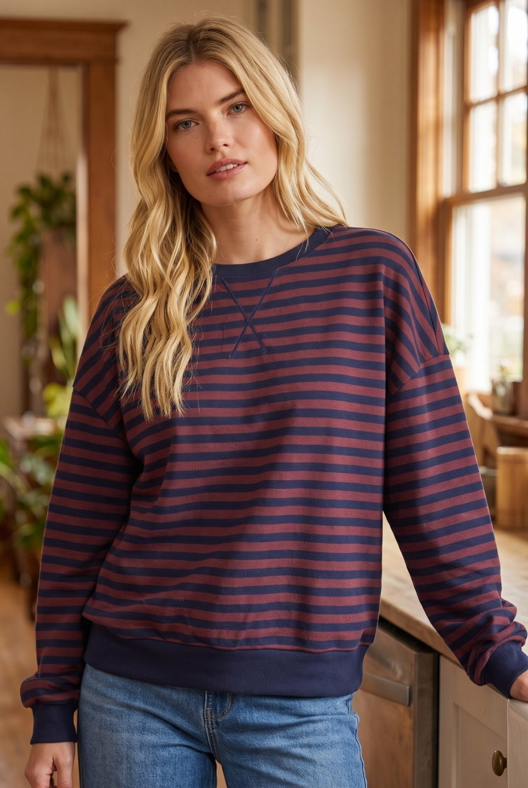 Stripe V Stitch Long Sleeve Knit Top - High Call Outfitters