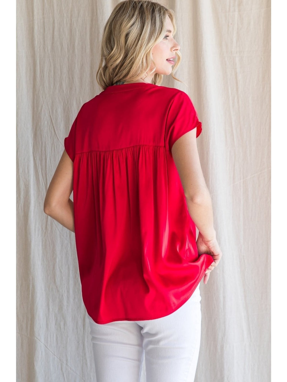 Satin Split Neck Top - High Call Outfitters