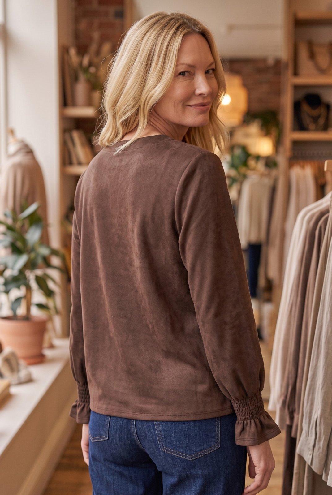 Split Neck Sueded Long Sleeve Top from Multiples
