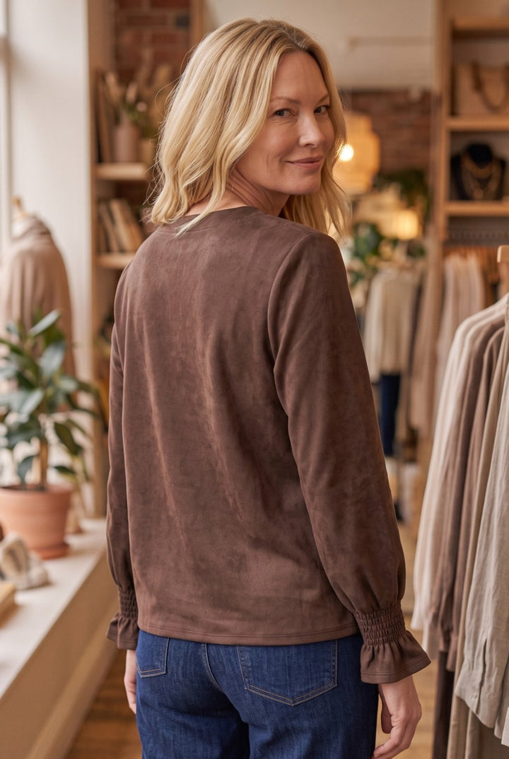 Split Neck Sueded Long Sleeve Top from Multiples