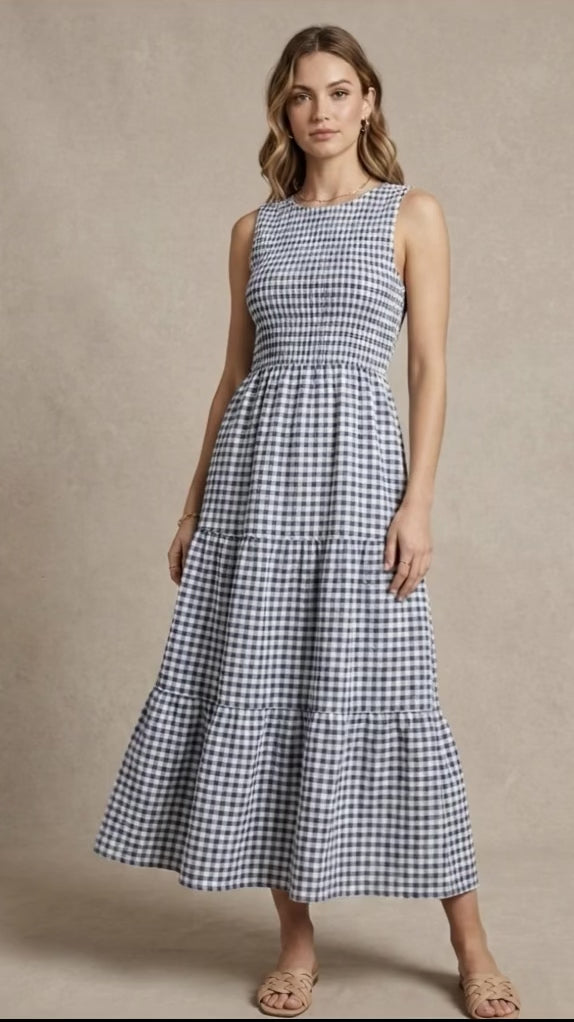 Sleeveless Smocked Gingham Tiered Dress from THML