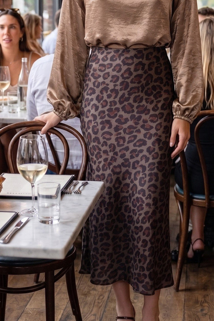 Satin Leopard Print Midi Skirt