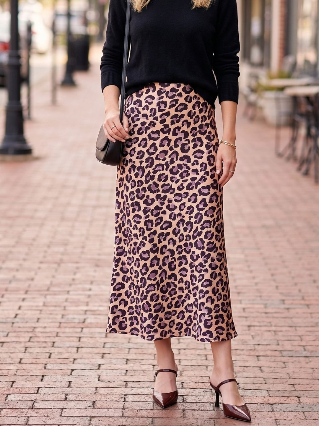 Satin Leopard Print Midi Skirt