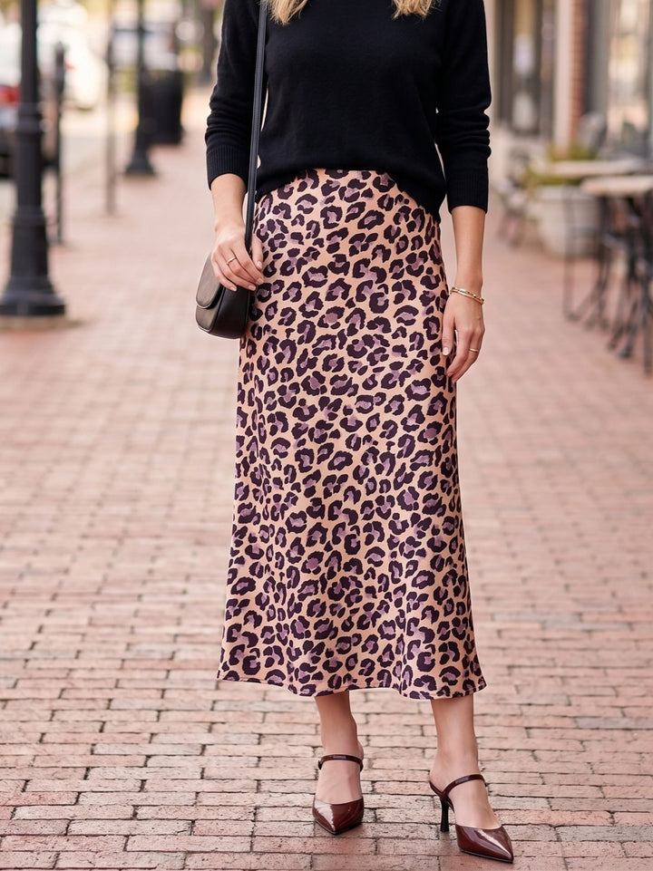 Satin Leopard Print Midi Skirt