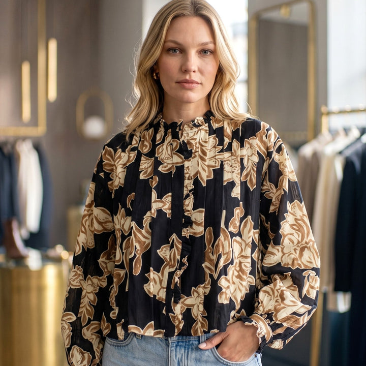 Black and Toffee Floral Ruffle Neck Blouse - High Call Outfitters