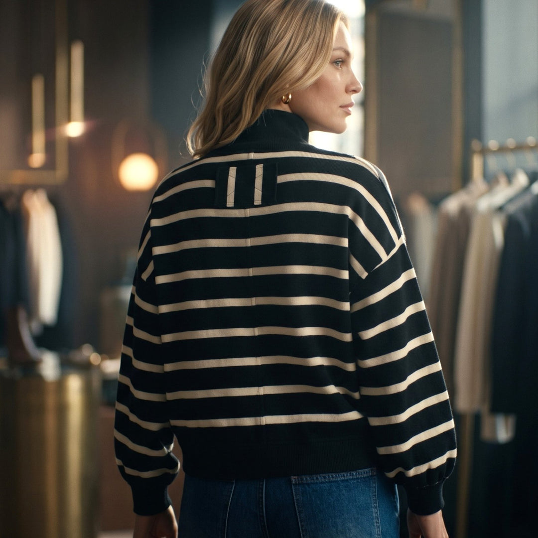 Classic Stripe Balloon Sleeve Mock Neck Top