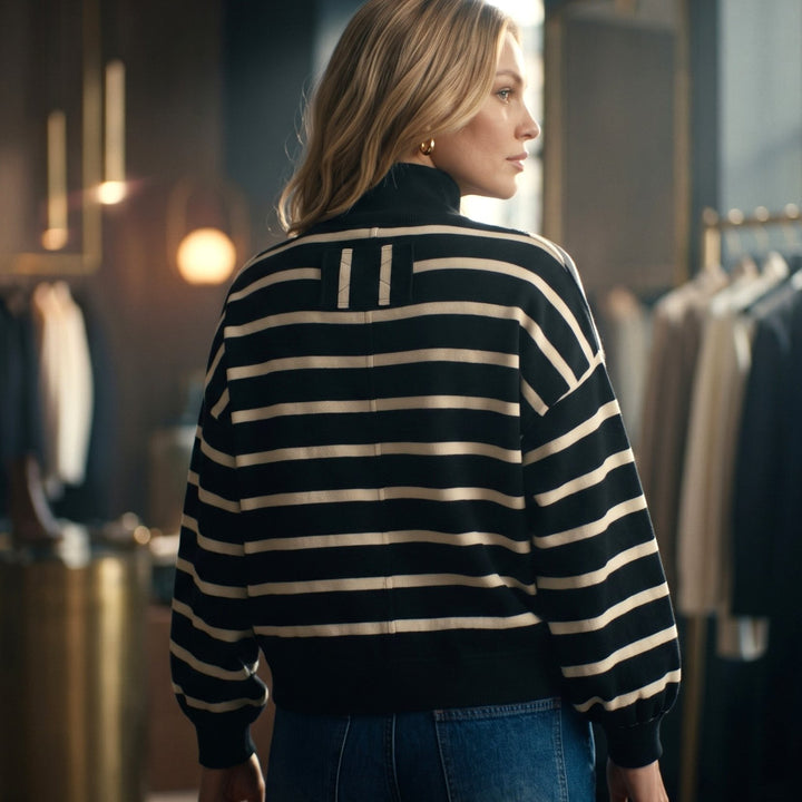 Classic Stripe Balloon Sleeve Mock Neck Top